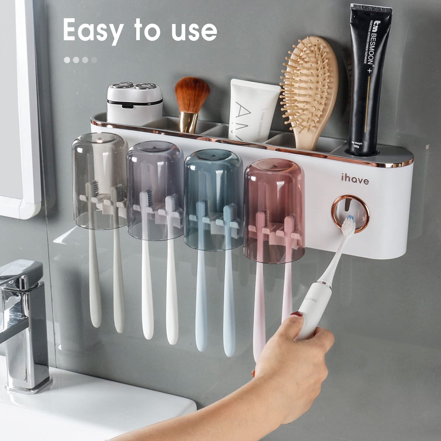 iHave Wall Mounted Toothbrush Holders with Toothpaste Dispenser, Featuring 4 Cups