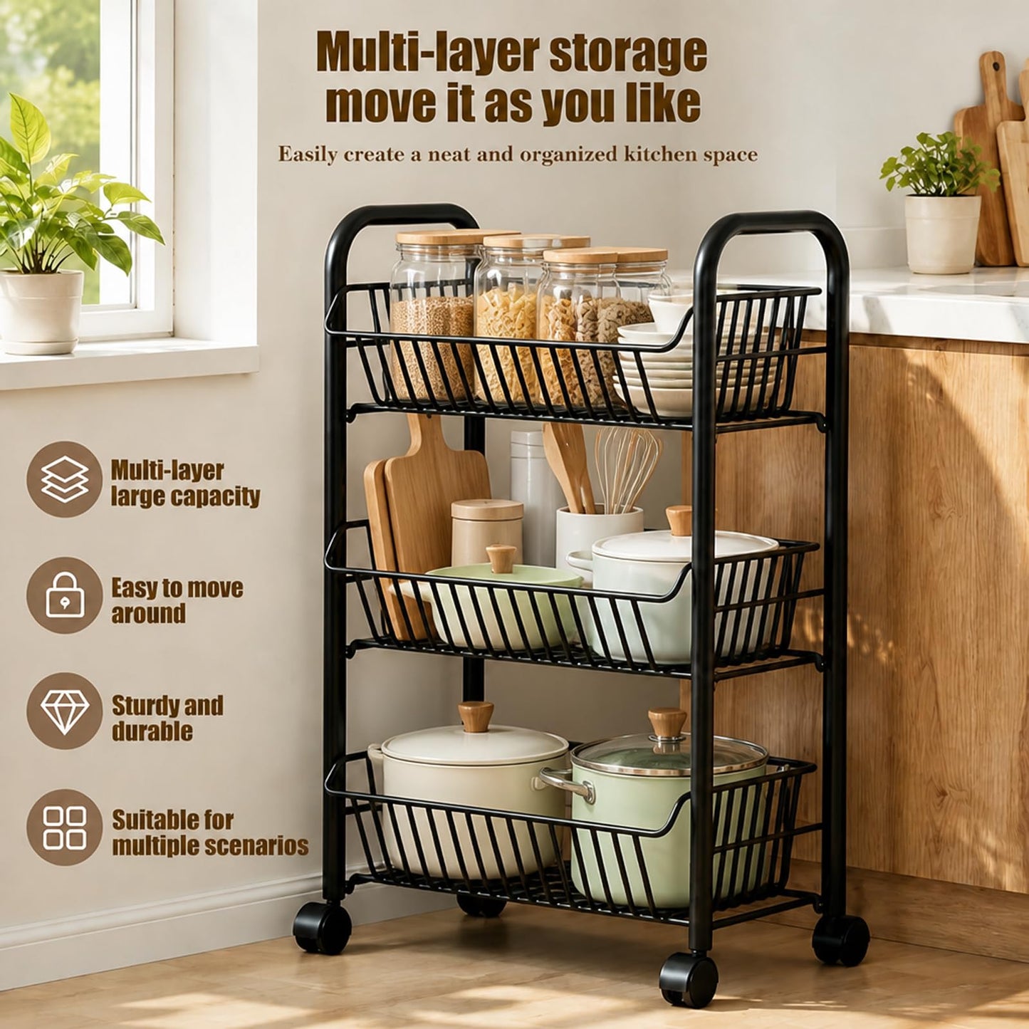 3-Tier Kitchen Trolley on Wheels, Vegetable Storage Rack, Storage Trolley