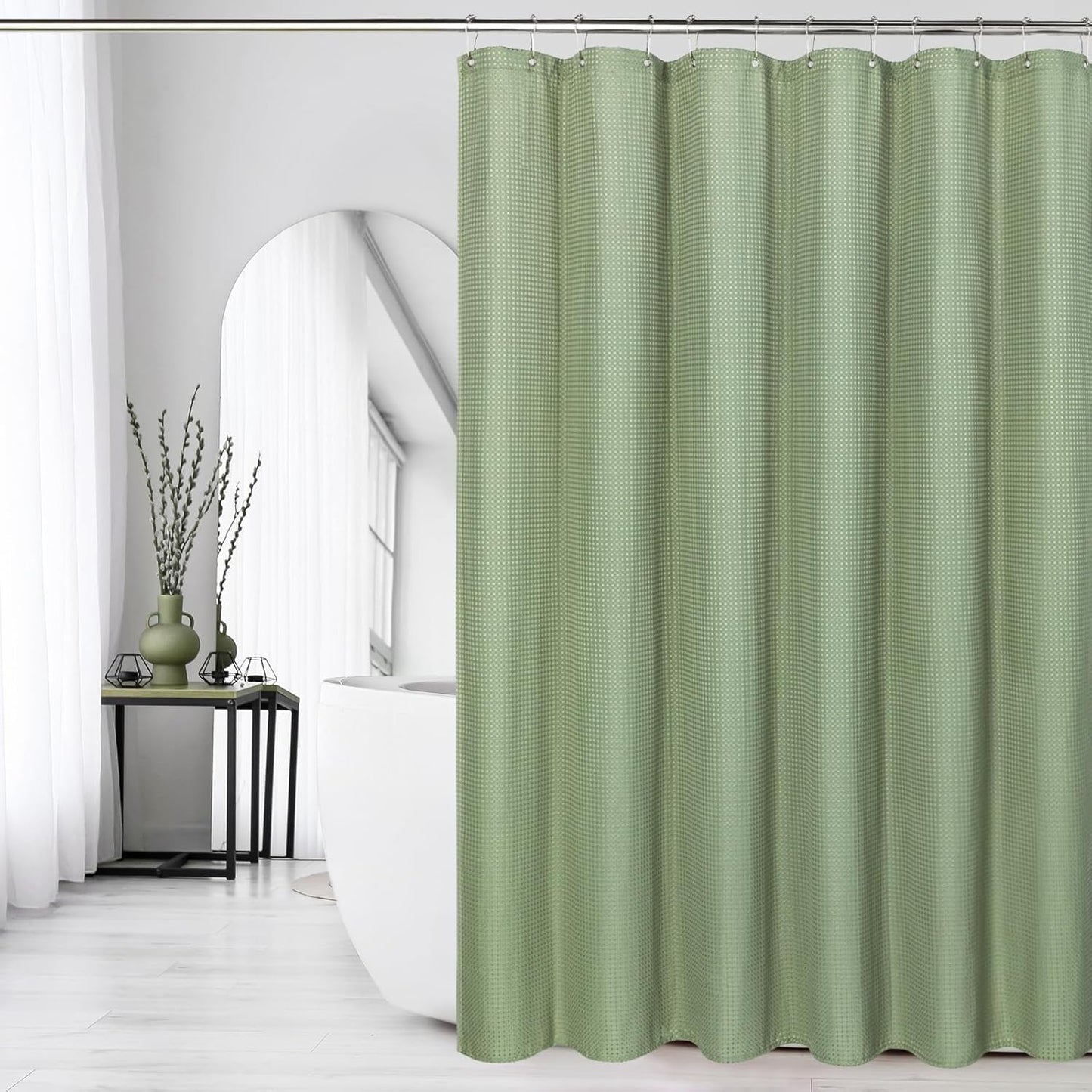 Bingobang Shower Curtains Set for Bathroom with 12 Hooks, Mould Mildew Proof Resistant, Waffle Fabric Bath Bathtub Curtain Washable for Wet Room