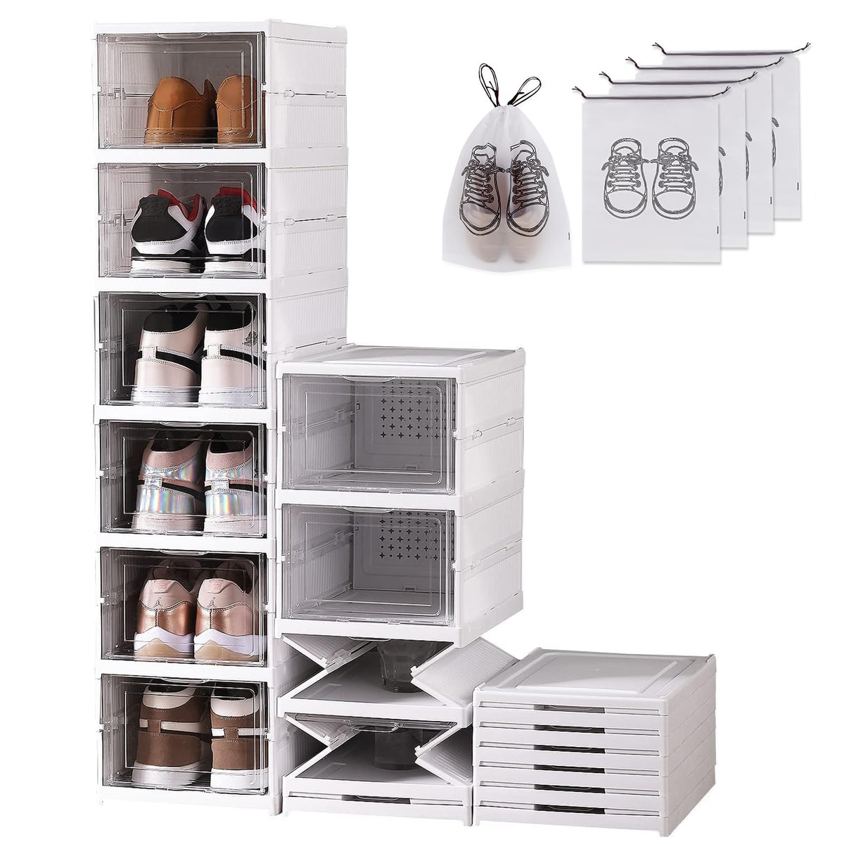 Wuciray Shoe Storage Box 6PCS Shoe Organiser Clear Stackable with Magnetic Door Installation Free Plastic Trainer Storage Organise Foldable Space