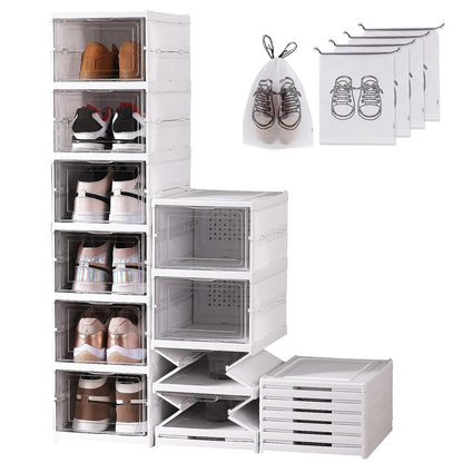 Wuciray Shoe Storage Box 6PCS Shoe Organiser Clear Stackable with Magnetic Door Installation Free Plastic Trainer Storage Organise Foldable Space
