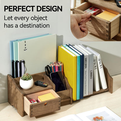 KIRIGEN Wooden Desktop Organiser with Drawer, Adjustable Bookshelf, Brown