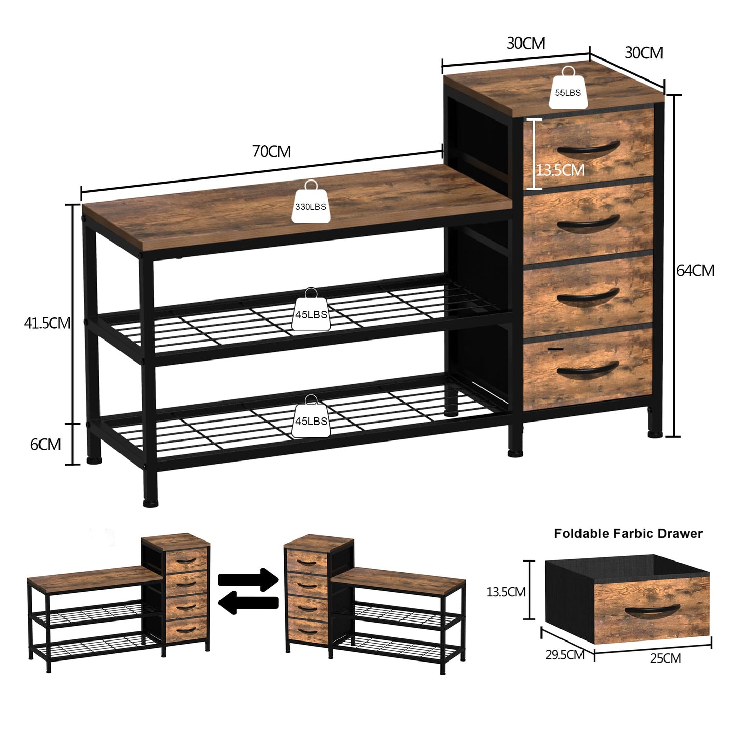 Welfuturer 3-Tier Shoe Storage Bench with 4 Fabric Drawers and Seat, Industrial Shoe Rack Cabinet with Shoe Shelf Storage for Hallway, Entryway