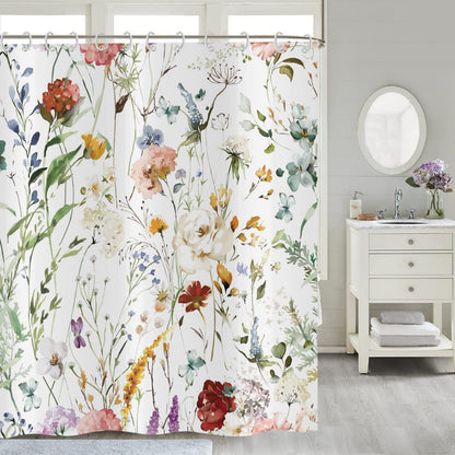 Hnmdmyi Floral Shower Curtain 180x180, Watercolor Colorful Flower Plant Butterfly Wildflowers Blossom Bathroom Curtains with Hooks Waterproof