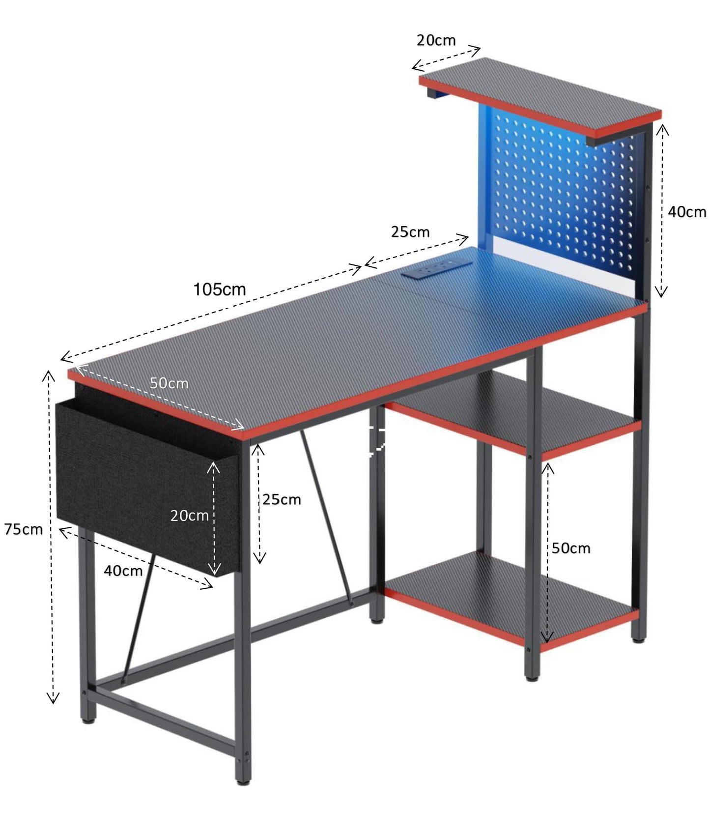 Xyphren Gaming Desk with Pegboard & Power Outlet & LED Light, Small Computer Desk with Reversible Shelves for Corner Home Office Desk, 140 * 50cm