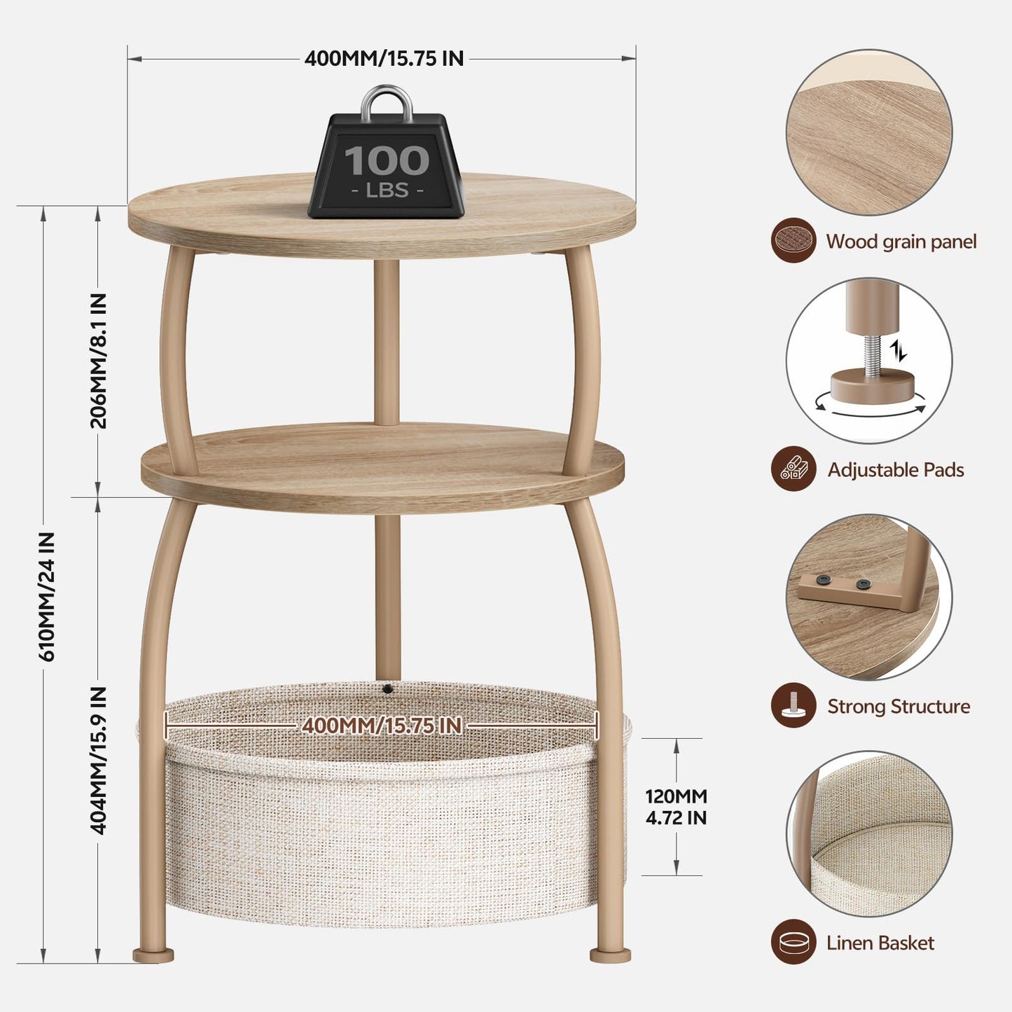 Yuede Side Table with Fabric Basket, Round End Table, 3 Tier Bedside Table, Coffee Table for Living Room, Bed Room, Modern, 40 x 61 cm, Ork Gray