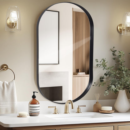 LunaMirror Wall Mirror Oval 60x90 CM Wall-Mounted Bathroom Vanity Mirror Stylish Black Mirror Wall Decor Rectangle Wall Hanging Mirror with Curved
