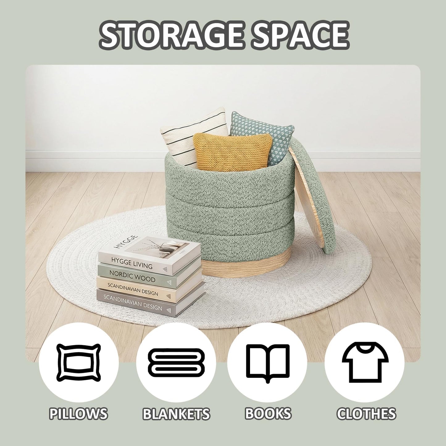 PINPLUS Round Chenille Storage Ottoman, Tray Top, 39x39x37 cm, Sage Green