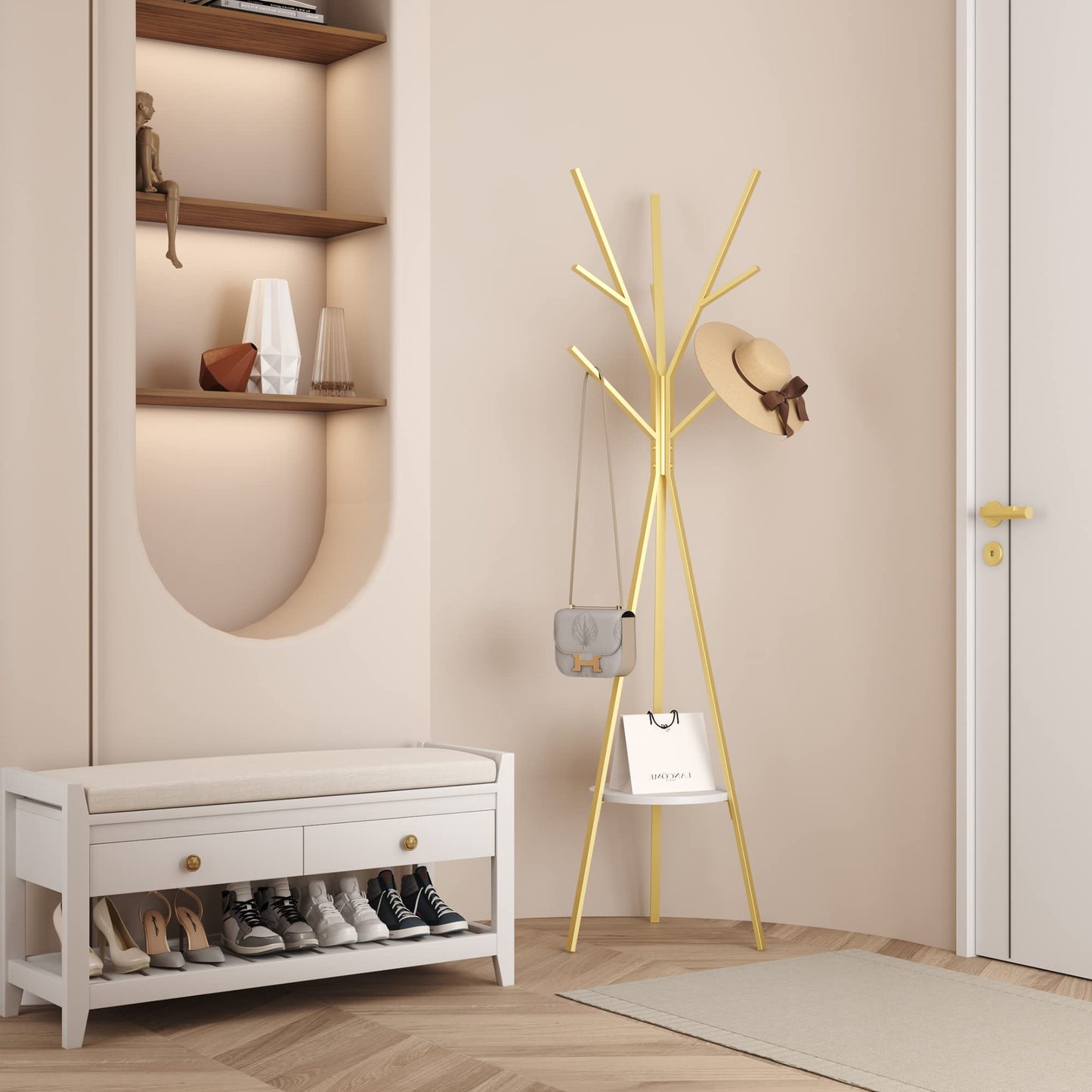 HOME BI Coat Rack Stand, Entryway Standing Coat Tree,Hat Stand Coat Hanger with 9 Hooks for Holding Jacket, Handbag, Clothes, Hats, and Scarves, Gold