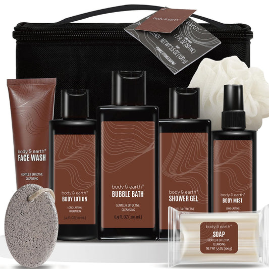 Bath and Body Gift Baskets for Men Body & Earth Sandalwood Mens Bath Set with Body Lotion, Face Wash, Shower Gel, Bubble Bath, Loofah & More, Gift Set