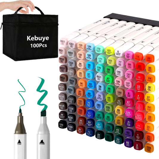 Kebuye Colouring Pens Alcohol Markers Pen - Double Ended 100 Colour Marker Fine & Broad Tip for Drawing Coloring Graffiti - Perfect for Adults Kids