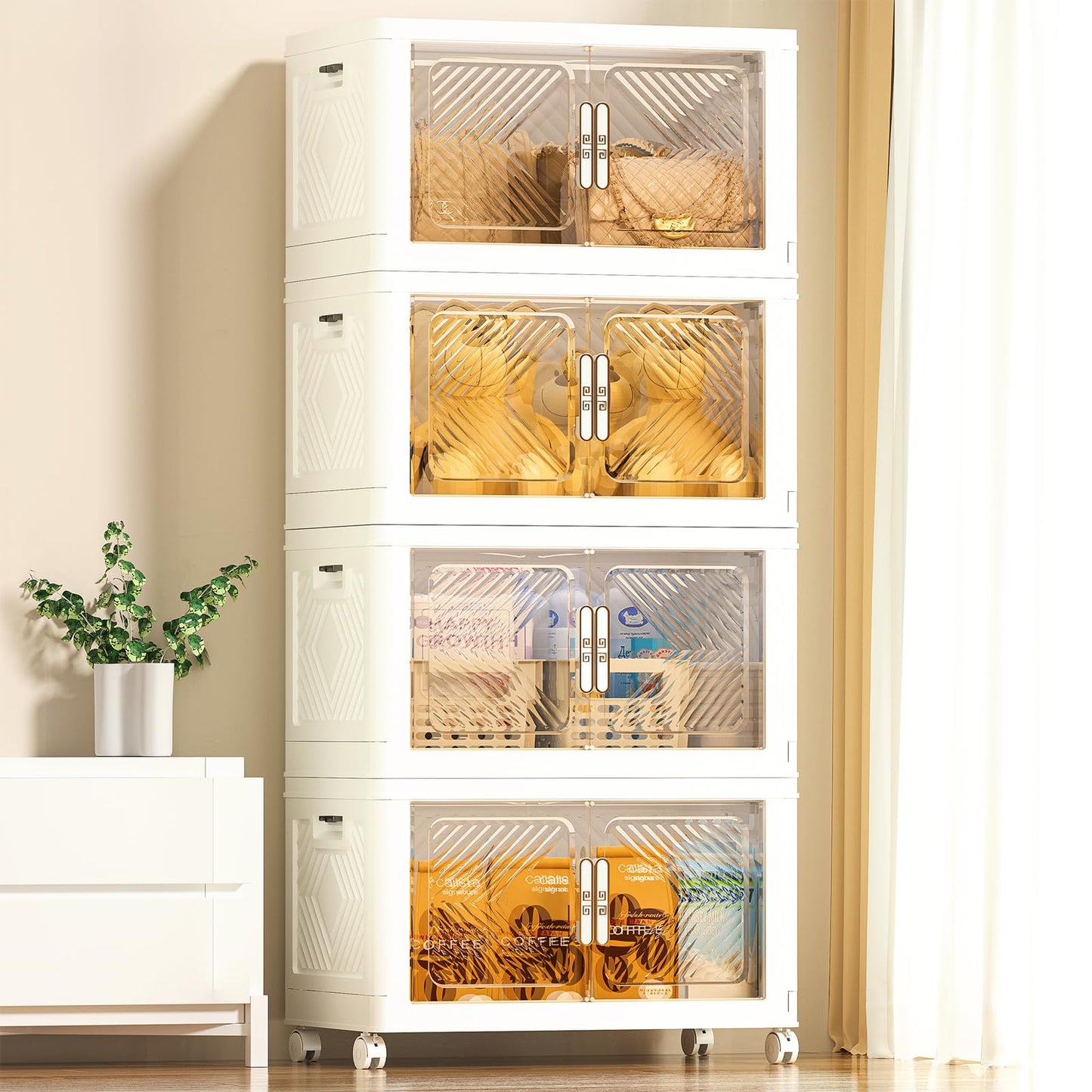pioncrey 4 Packs Storage Boxes with Lids, 70L*4 Large Capacity Stackable Storage Boxes, Plastic Collapsible Storage Box, Folding Storage Box with