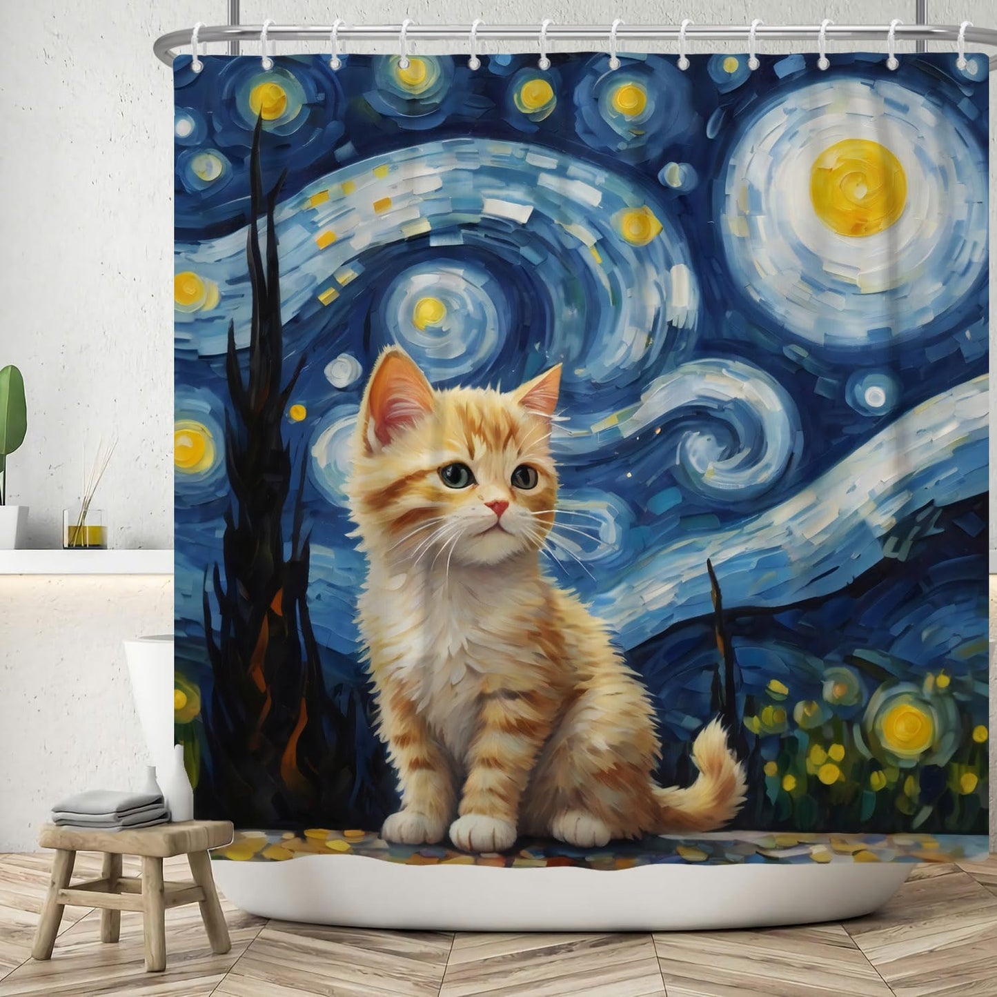 ASDCXZ Cat Shower Curtain 180 x 200 cm, Modern Abstract Art Blue Yellow Oil Painting Cute Cat Bath Washable Shower Curtains Polyester Textile