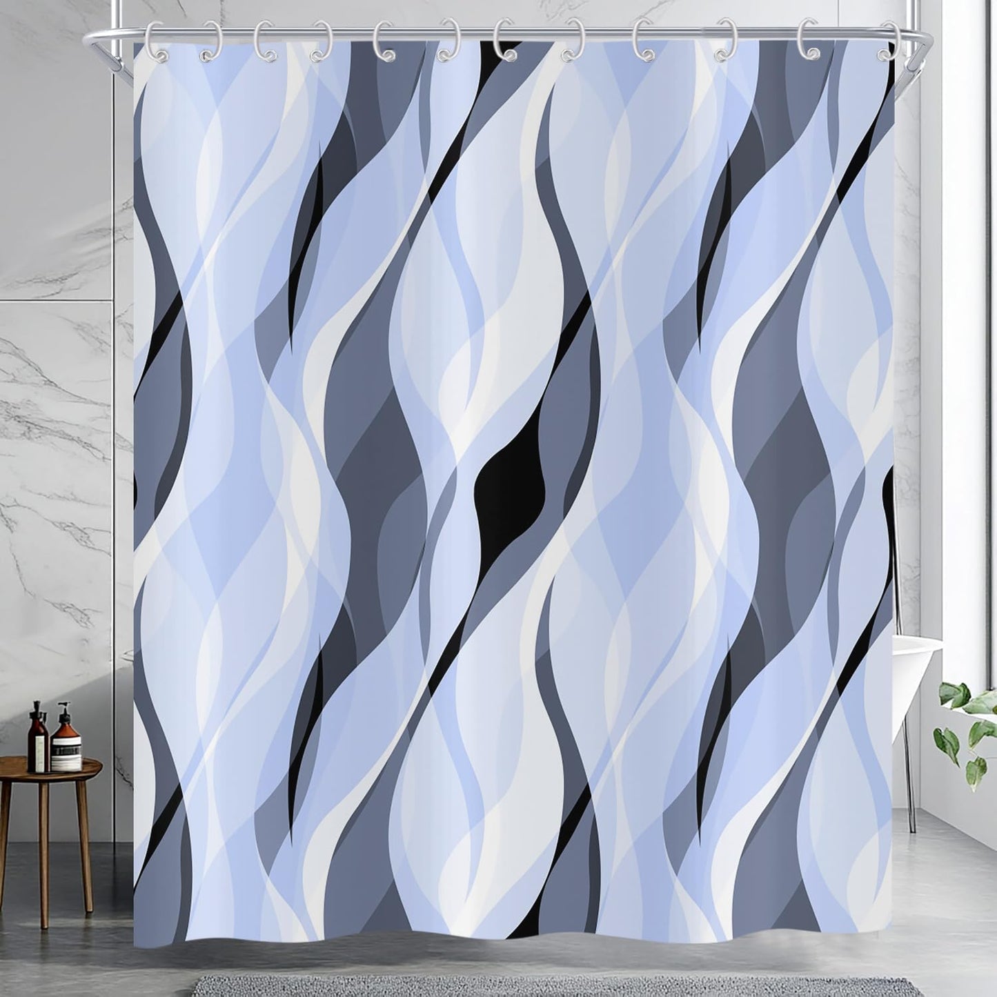 Hnmdmyi Light Blue Shower Curtain 120x180, Modern Abstract Blue and Grey Striped Bathroom Curtains with Hooks Waterproof Polyester Fabric Washable