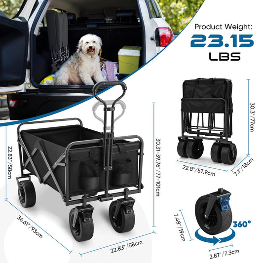 Aunoutism Camping Trolley Collapsible Garden Wagon with Brake Big Wheels Beach Cart Max Capacity 100kg Folding Cart Trolley for Festival Shopping