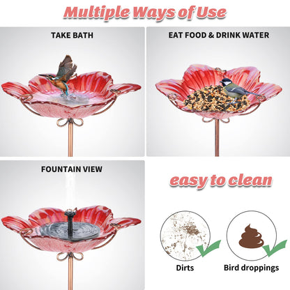 MUMTOP Bird Baths for Outdoors Glass Bird Bath Bowl Outdoor Bird Feeder Flower Pattern with Metal Stake for Garden, Yard and Lawn Decor Red