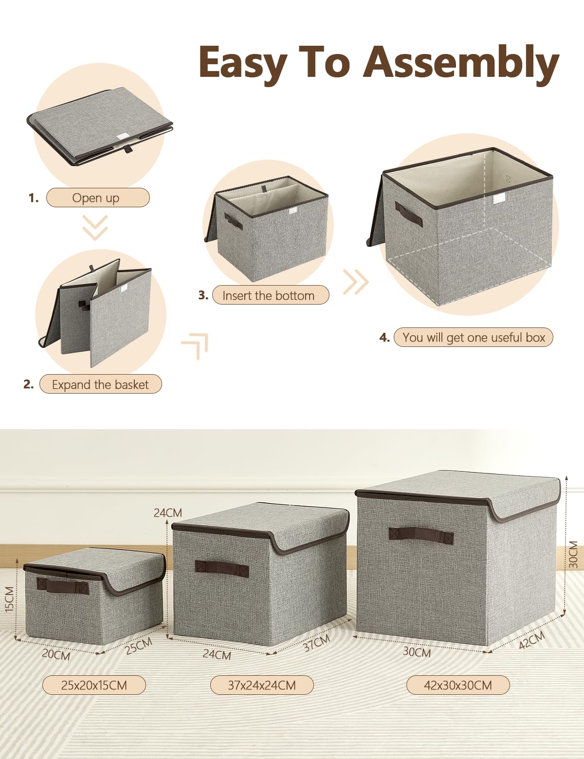 Bagnizer Medium Collapsible Storage Baskets Foldable with Lids 3PCS