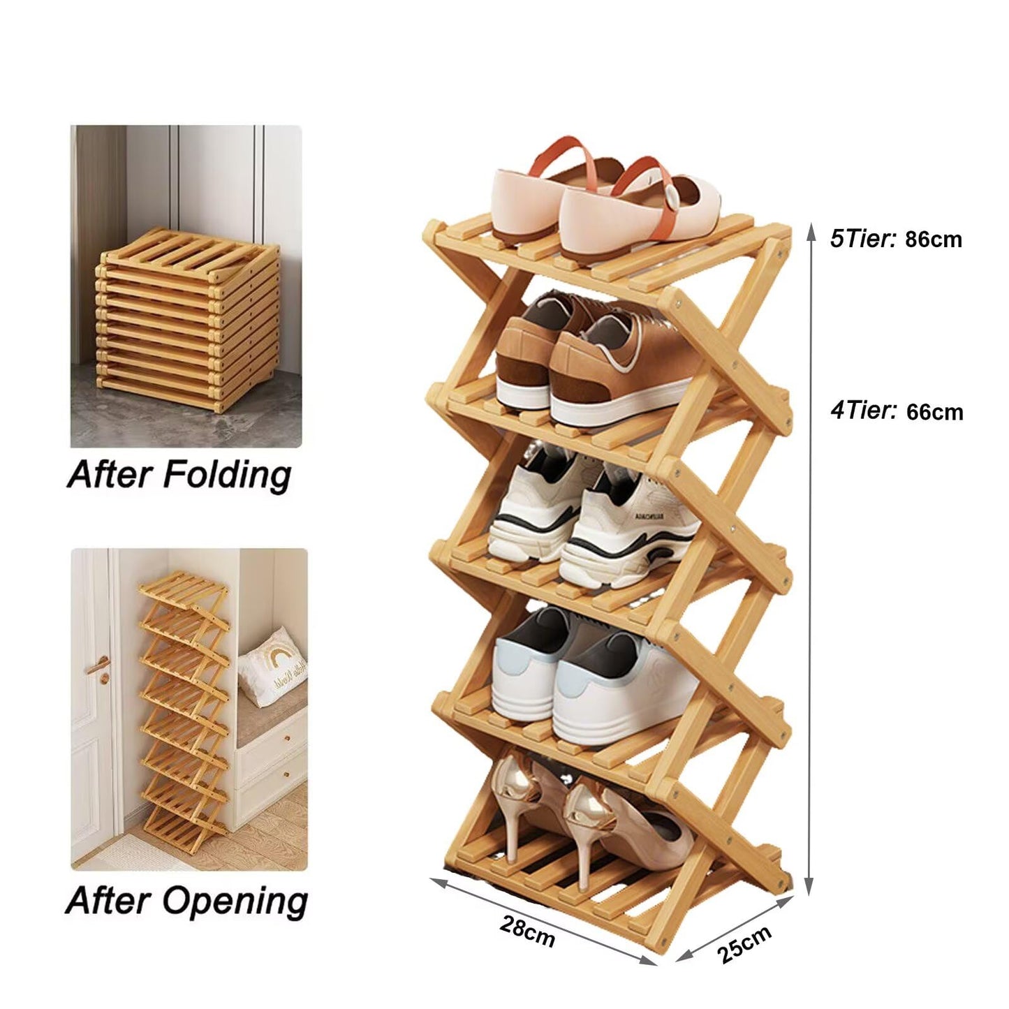 Tielag Vertical Shoe Rack Folding 5 Tier, Narrow Shoe Storage Rack, Bamboo Shoe Shelf, Tall Shoe Stand, Without Installation