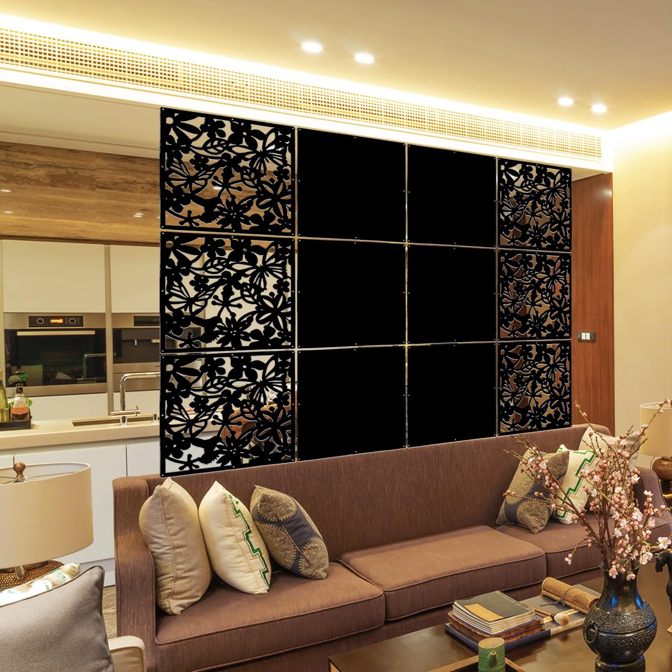 LRZCGB Hanging Room Divider,12pcs PVC Hanging Screen Panel for Decorating Living,Dining,Study and Sitting-room,Hotel and Bar(Black+Solid Board)