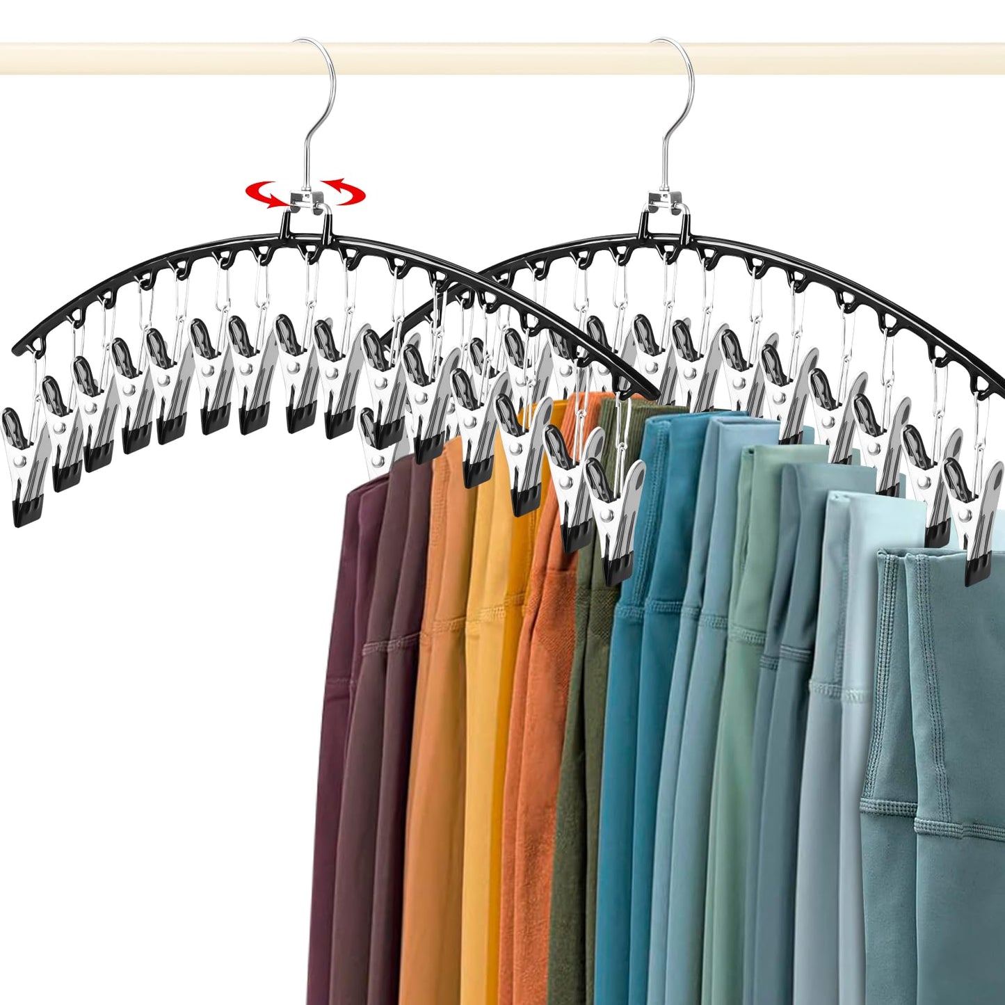 2 PCS Trouser Hangers with 15 Clips, 360° Swivel Hook Hanging Pants Hangers, Space Saving Closet Organizer and Storage for Leggings, Shorts, Skirts
