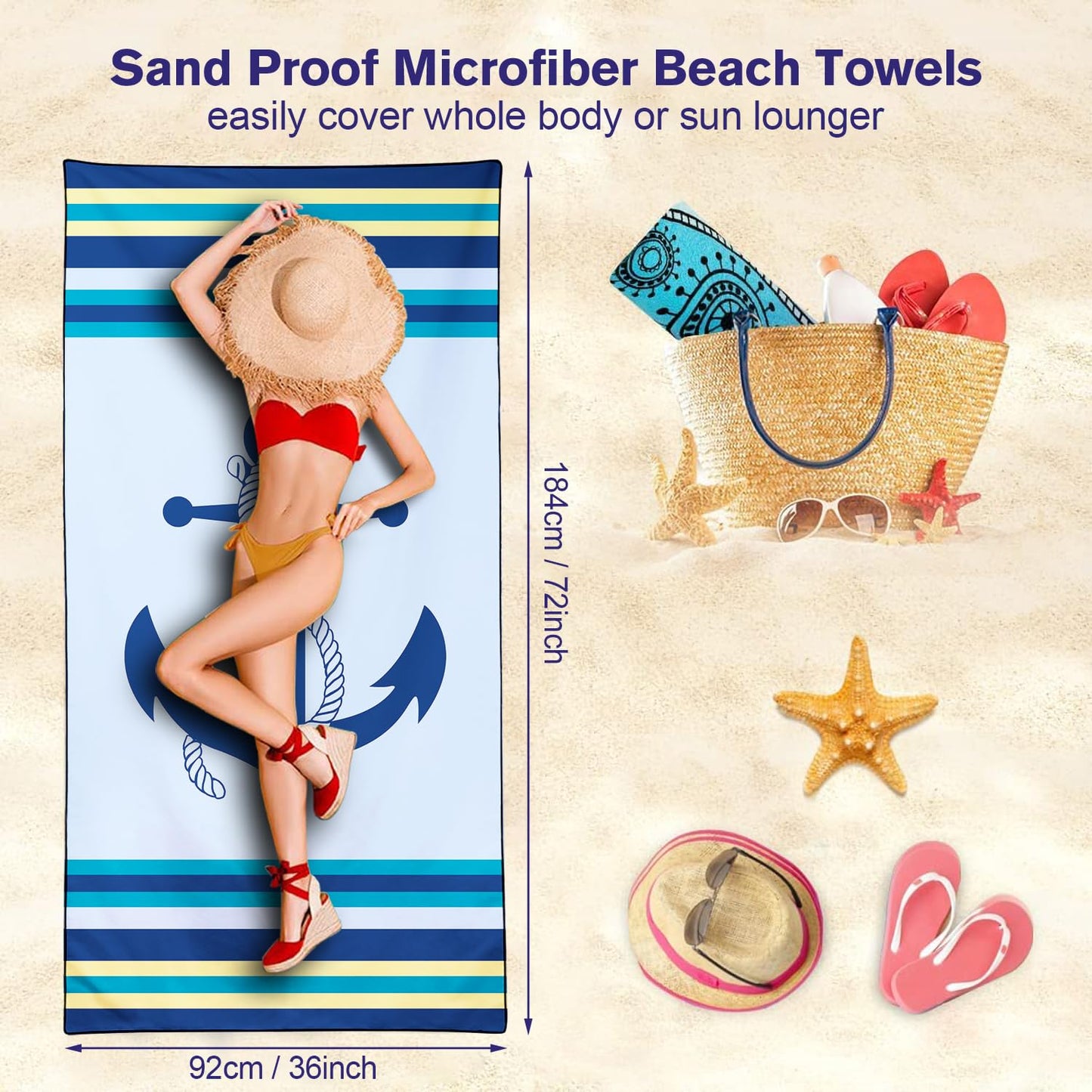 Violetpos Nautical Anchor Beach Towel, Extra Large 180x90 cm 250GSM Microfibre, Sand Free Quick Dry