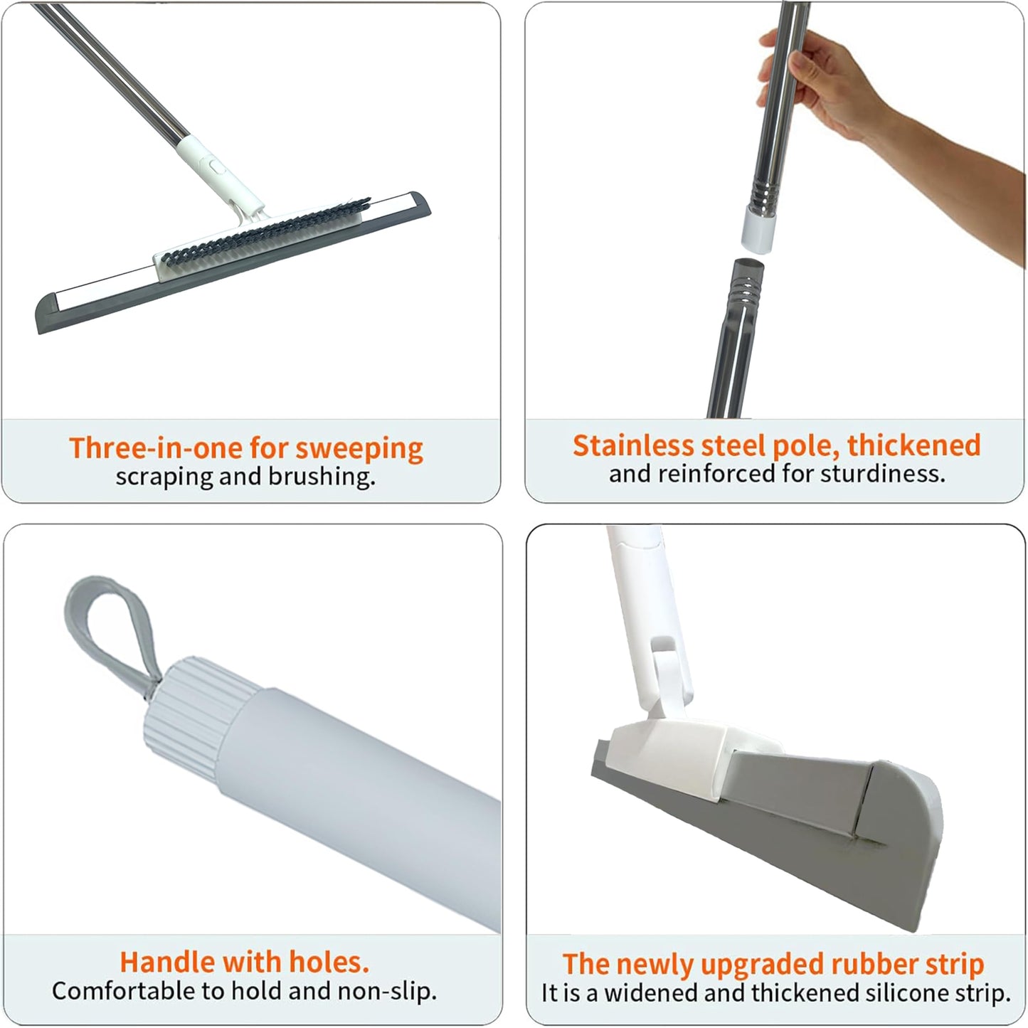 Telescopic Wiper Silicone Blade, 20cm Hard Brush & 180° Swivel Head (125cm/49") Floor Squeegee Scrubber with 50" Adjustable Handle and Grout Brush