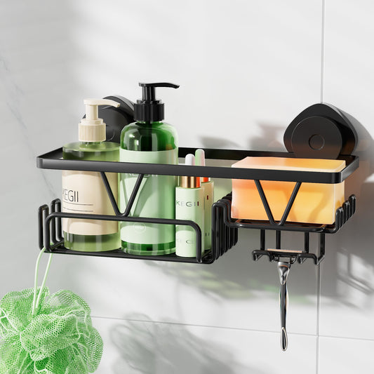 Kegii Shower Caddy Suction Cup - Suction Shower Shelf with Soap Dish & Razor Slot, Black Bathroom Organiser No Drilling