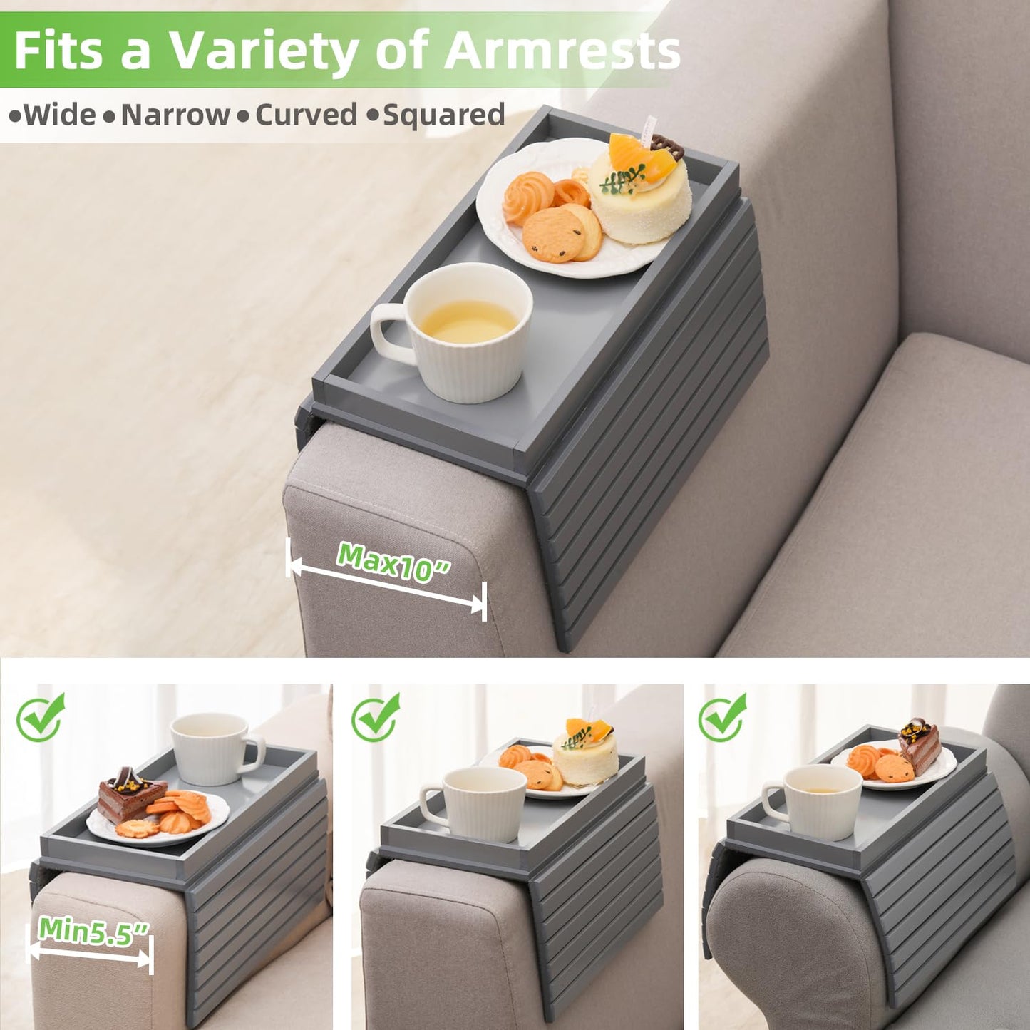 GEHE Bamboo Sofa Arm Tray, Foldable Couch Arm Tray Side Table, Anti-Falling Armrest Tables Cup Holder for Snacks, Drinks, Beers, Phone, Control