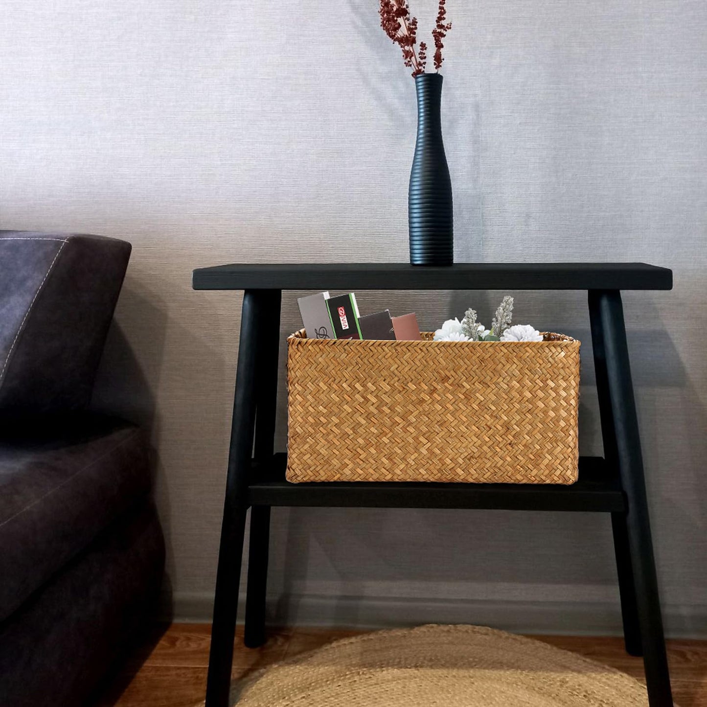 IGNPION Seagrass Storage Opened Basket Living Room Decorative Baskets Woven Wicker Towel Basket Rectangular Bathroom Storage Organiser Box