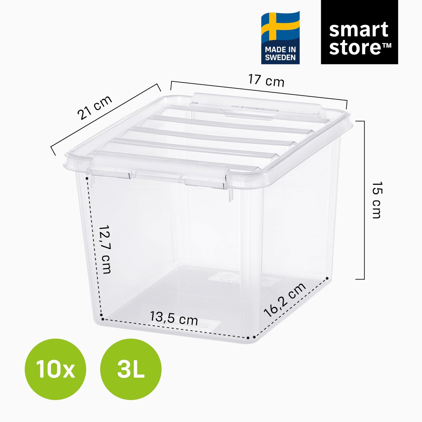 SmartStore - 10x Plastic Storage Box with Lid 3L (21x17x15cm) |Plastic Storage Drawers with Lid|Food-Safe Material|Kitchen &