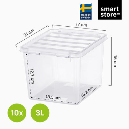 SmartStore - 10x Plastic Storage Box with Lid 3L 21x17x15cm |Plastic Storage Drawers with Lid|Food-Safe Material|Kitchen &