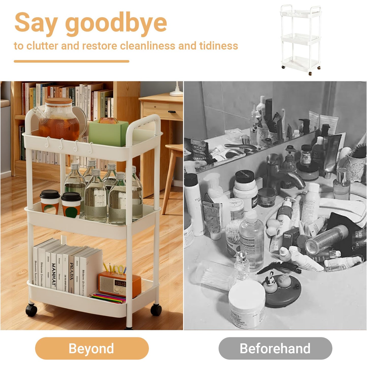 3 Tier Storage Trolley Cart Rolling Utility Storage Cart Kitchen Trolleys Bathroom Storage Shelves with 3 Hooks Plastic No Screws Needed for Living