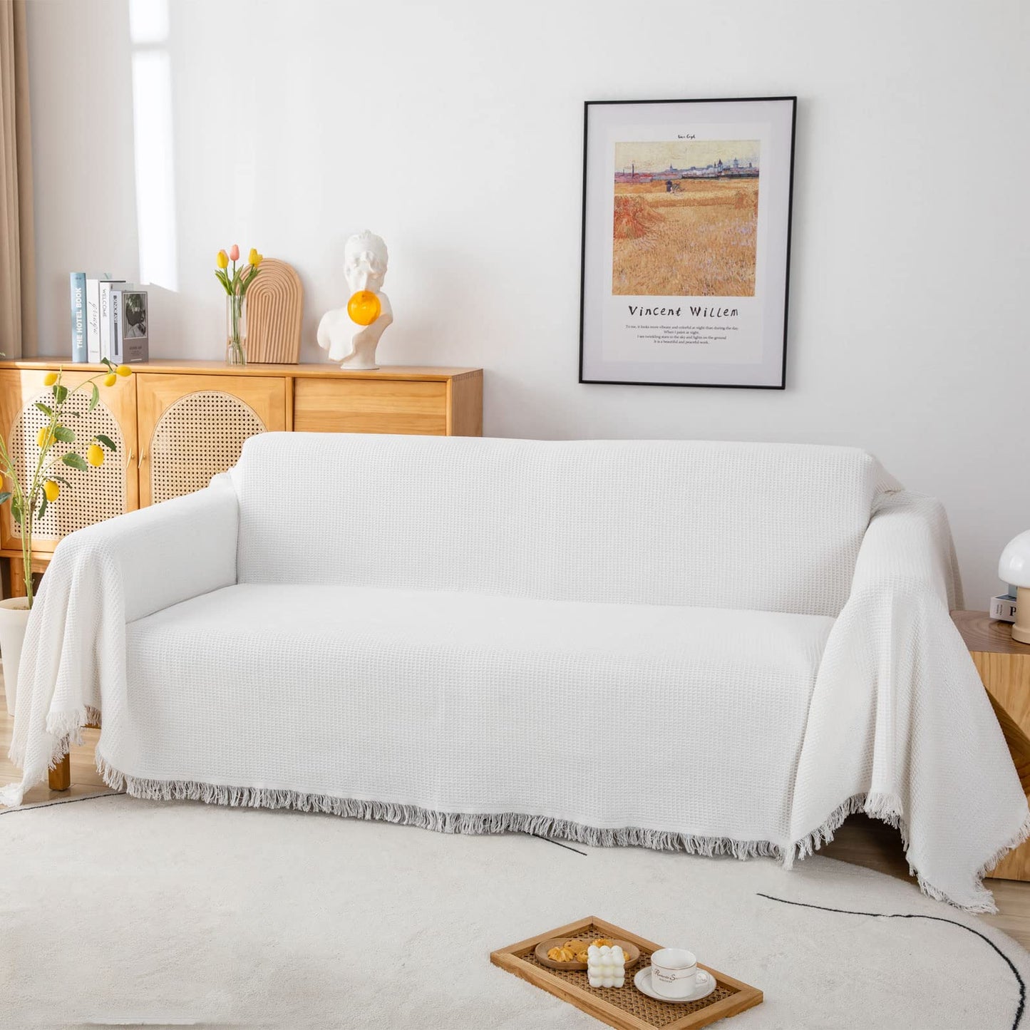 GAOWEI Waffle Sofa Throws Couch Cover Large 3 seater with Decorative Fringe ideal for Sofa Couch Chair and Bed Cotton fit All Season,White 180x300cm