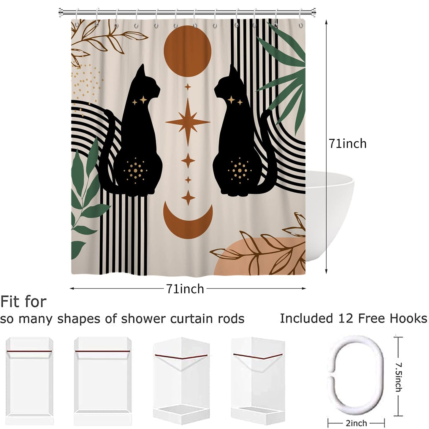 Boho Shower Curtain 180x180, Hnmdmyi Mid Century Abstract Black Cat Leaf Moon Star Beige Bathroom Curtains Modern Terracotta Aesthetic Art Waterproof