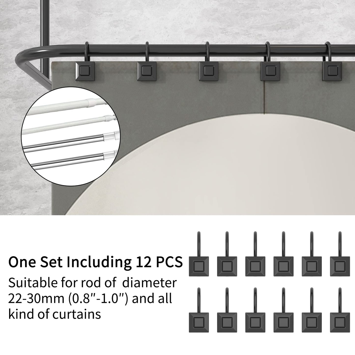 GILLAS 12 Black Zinc Shower Curtain Hooks Rings Square