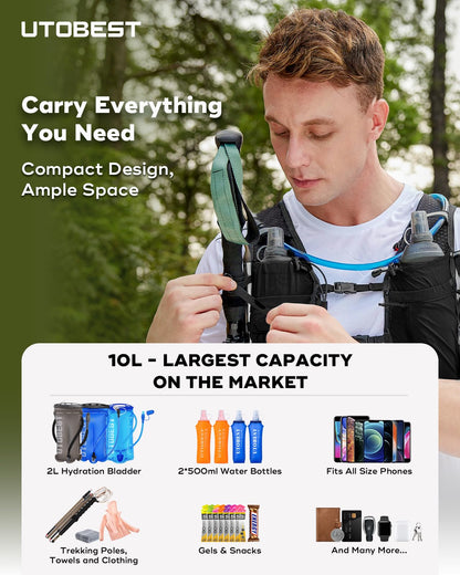 UTOBEST Upgrade Running Vest For Women&Men With Hydration Bladder 2L,Breathable Lightweight Hydration Backpack,Dry Wet Separation&10L High