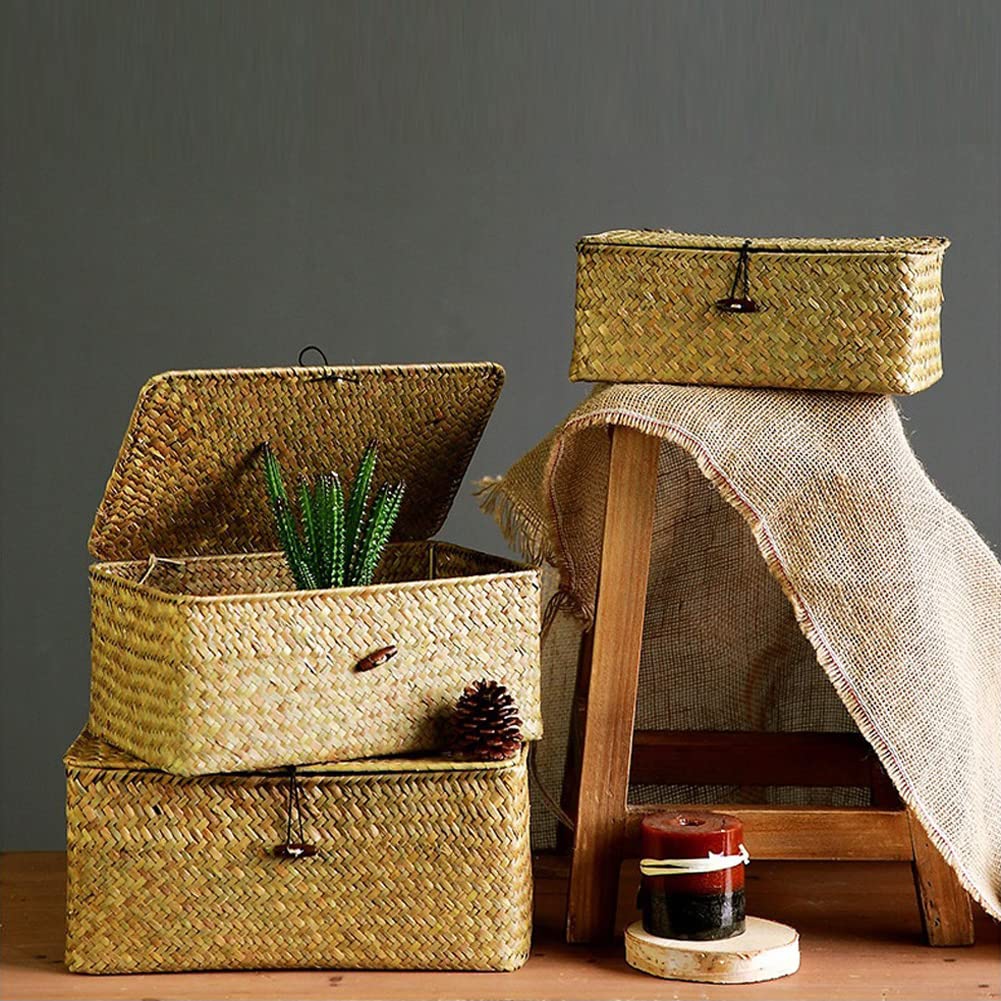 YSGLIFE Set of 3 Rectangular Storage Shelf Basket with Lid Seagrass Rattan Woven Multipurpose Organizer Boxes for Clothes, Makeup