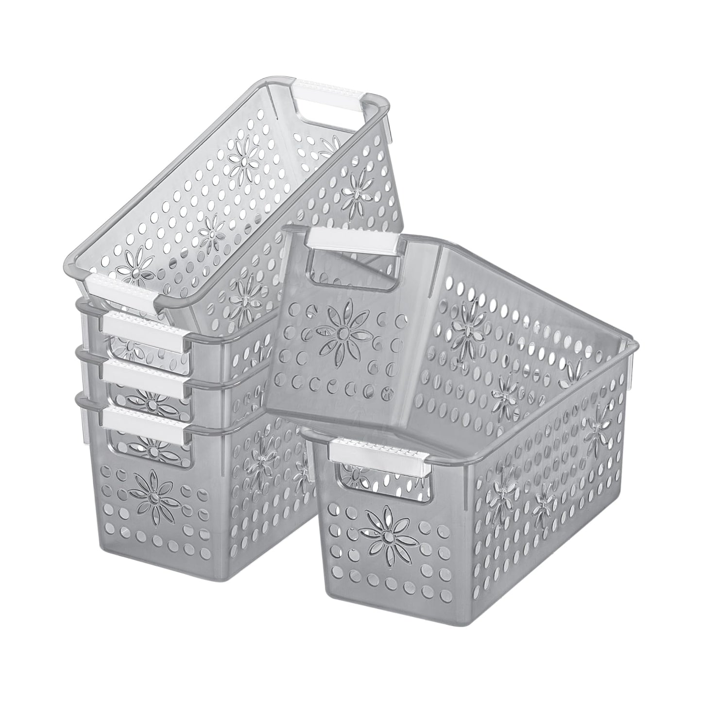 Cetomo Plastic Storage Box, Storage Baskets with Handle, Shelf Basket Organizer with Hole, Open Top Storage Bin for Home Kitchen Office, Clear Black