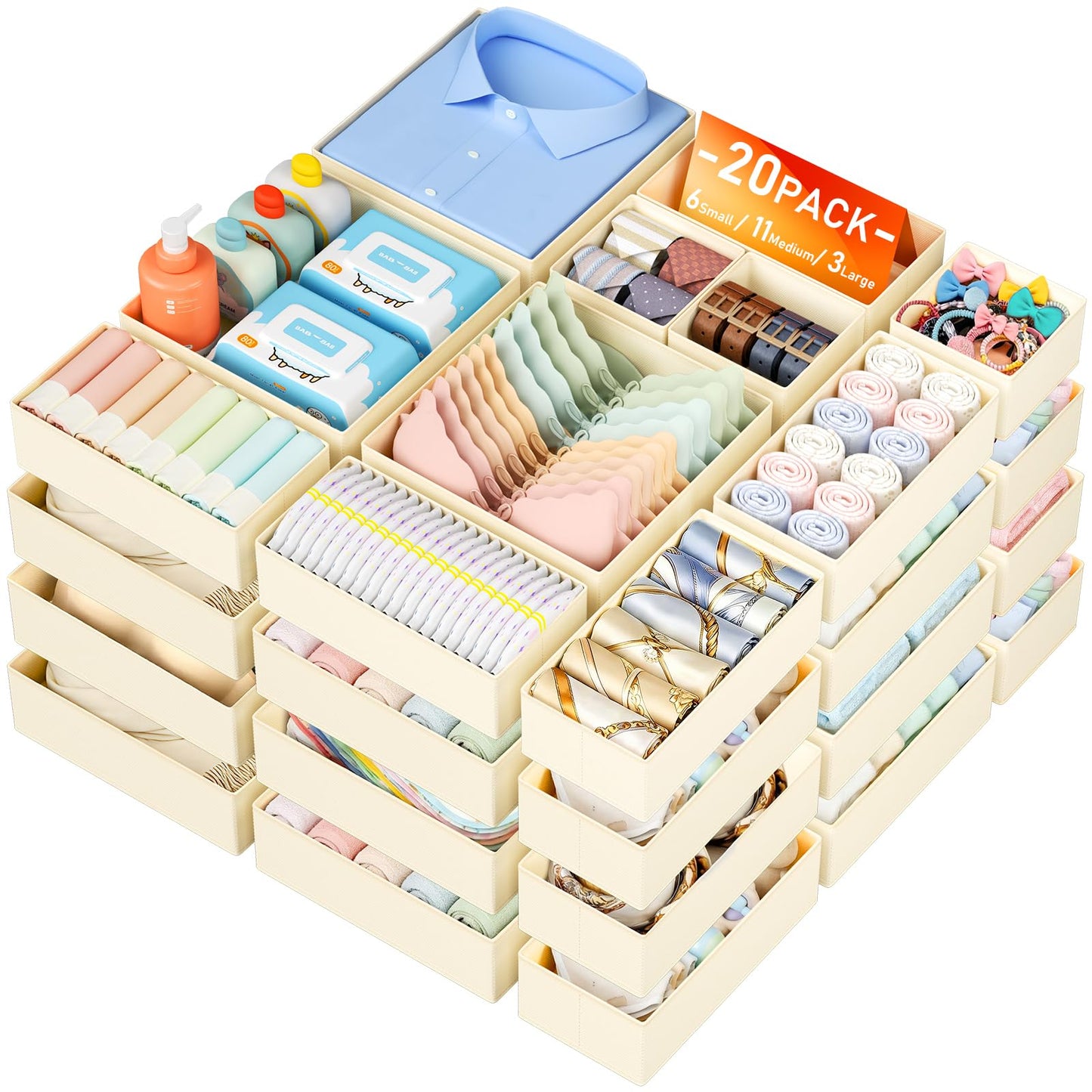DIMJ Drawer Organizer Clothes - 20 Pack Closet Drawer Organizer Bins for Baby Clothes Storage, Fabric Dresser Organizer for Nursery Bedroom