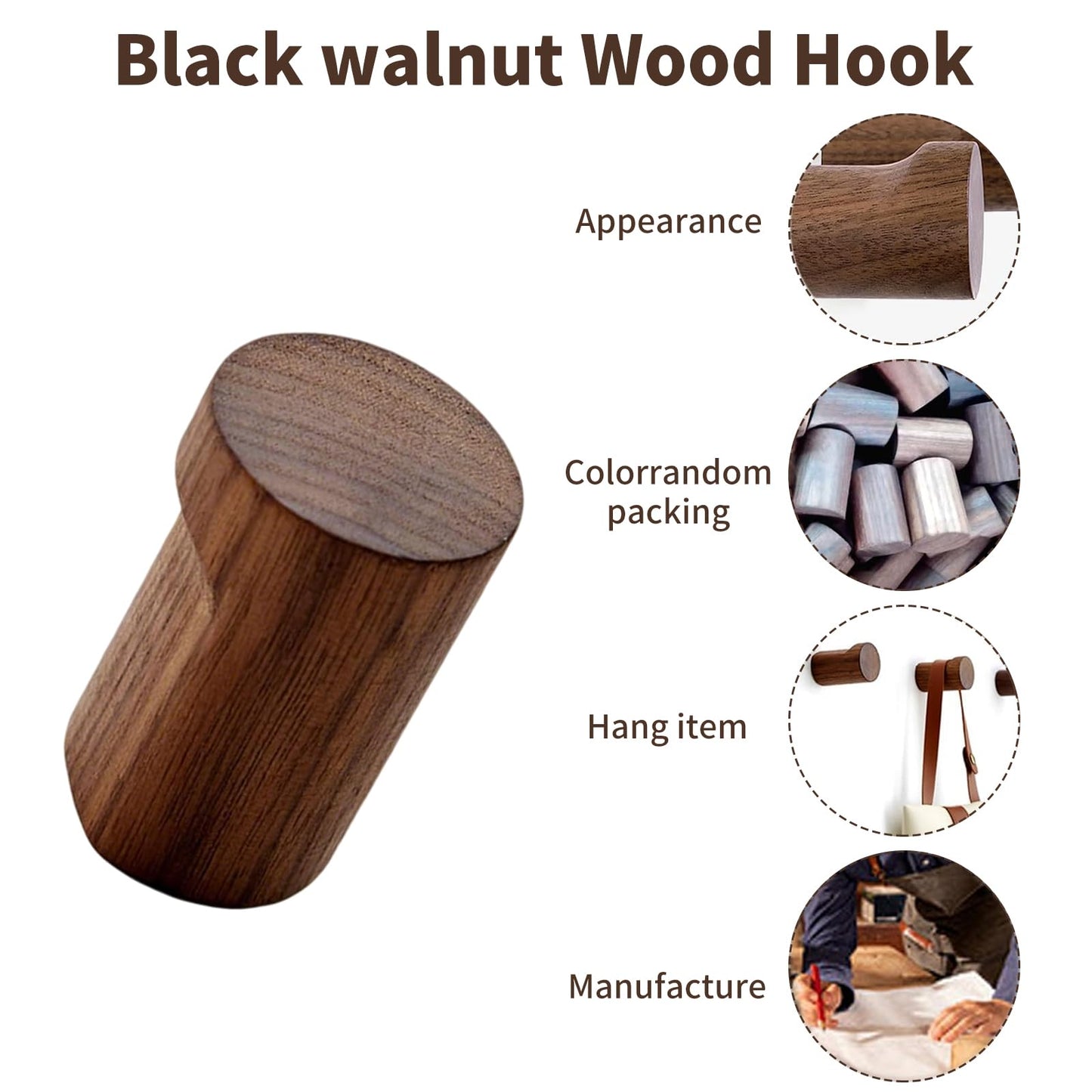 Rayakt 4PCS Wooden Coat Hooks Wall Mounted, Natural Walnut Wood Wall Hooks, Door Hooks for Hanging for Towels, Coats & Jackets