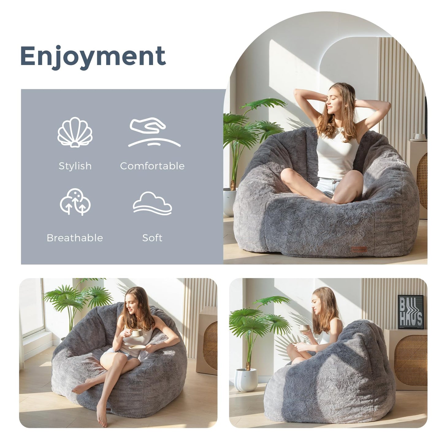 MAXYOYO Giant Bean Bag Chair,Faux Fur Shell Shaped Bean Bag Sofa with Filler,Soft Beanbag Sofa Giant Size for Living Room Bedroom