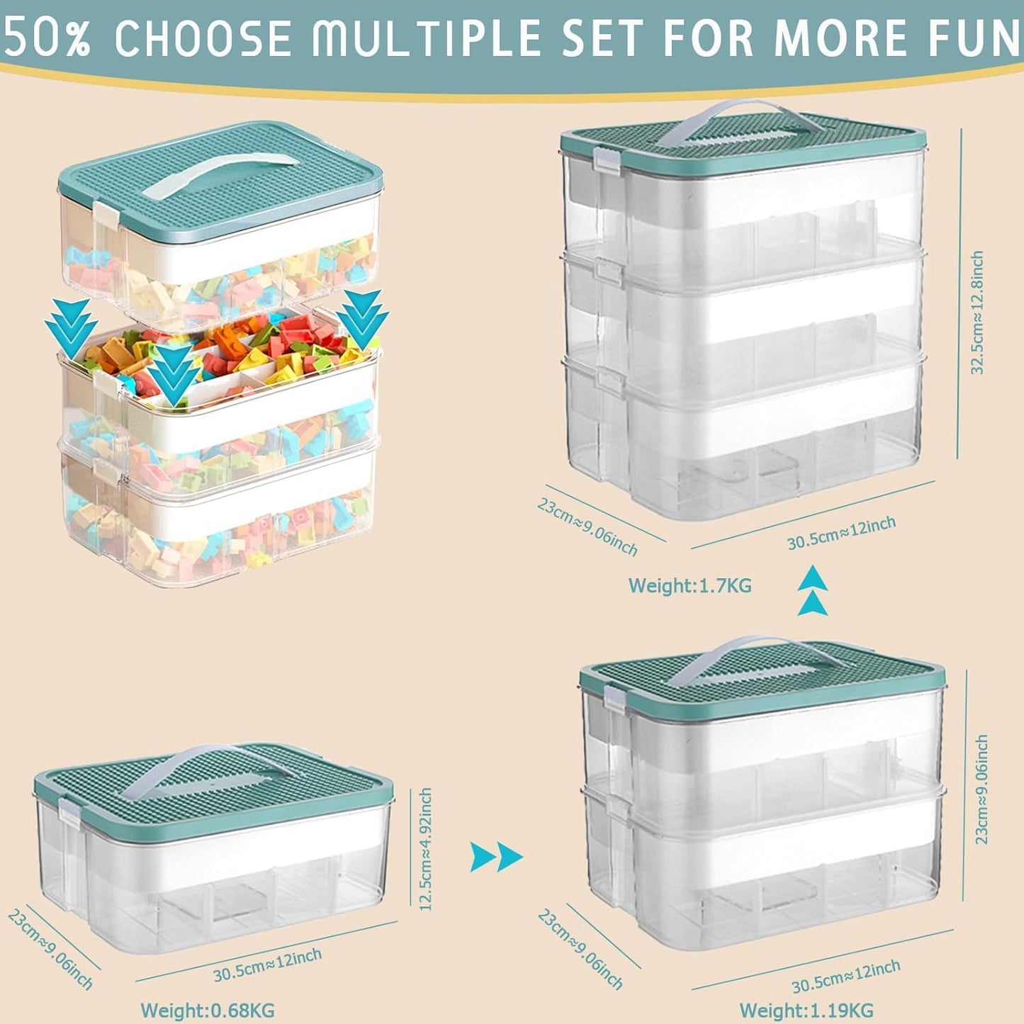 3 Layers Clear Storage Boxes with Lids, Stackable Plastic Drawer Organiser