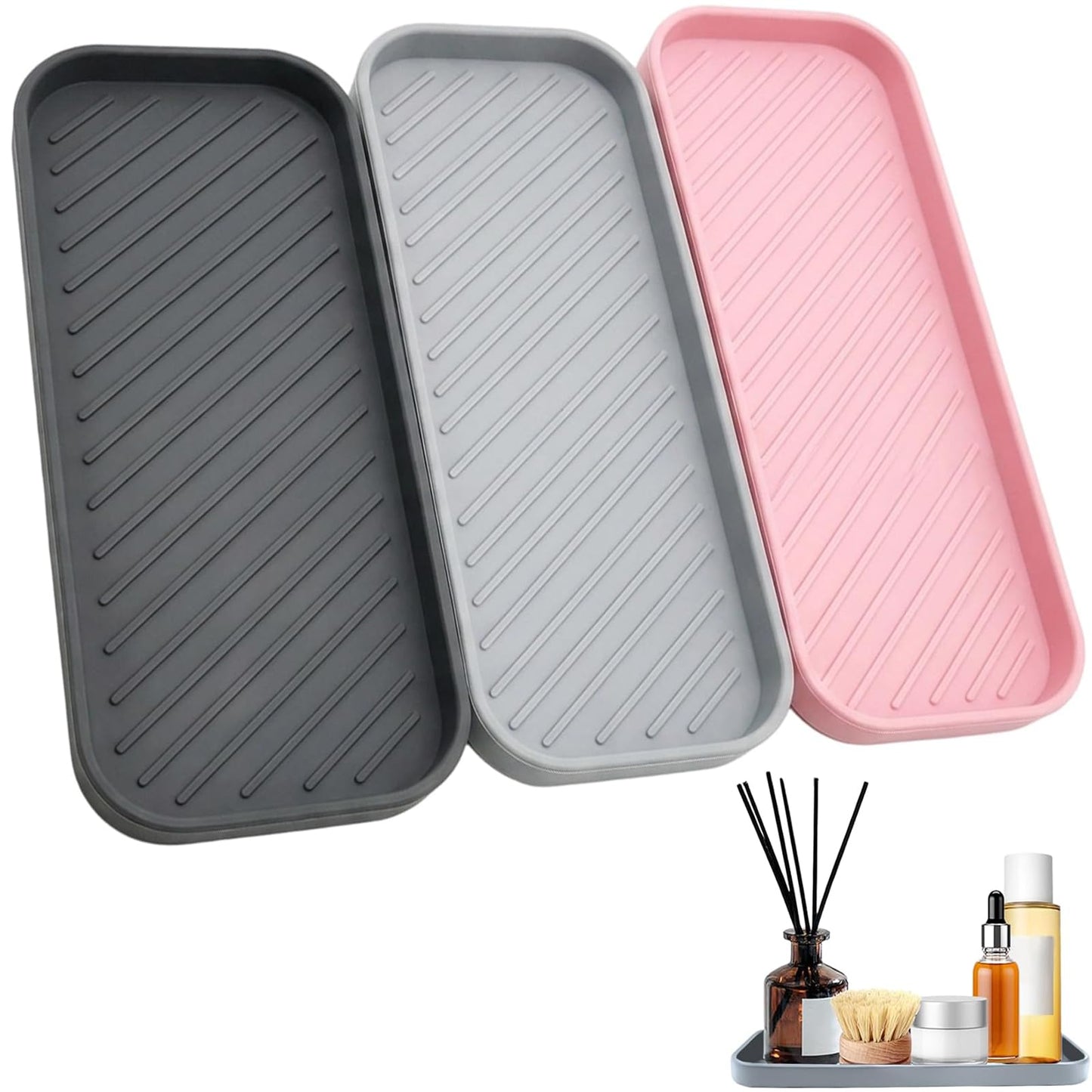 3pcs Sink Tray, Multi-Use Sponge Holder for Kitchen and Bathroom Countertops, Non-Slip Soap Dish, Tray and Utensil Organiser