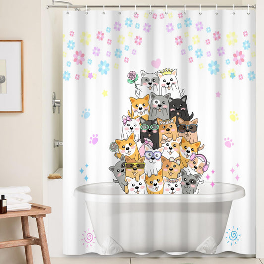 Ttincceer 71x71inch Cute Dog Shower Curtain Puppy Party Funny Animal Bath Curtain Beloved Pet in Bathtub Colorful Flower Shower Curtains Waterproof