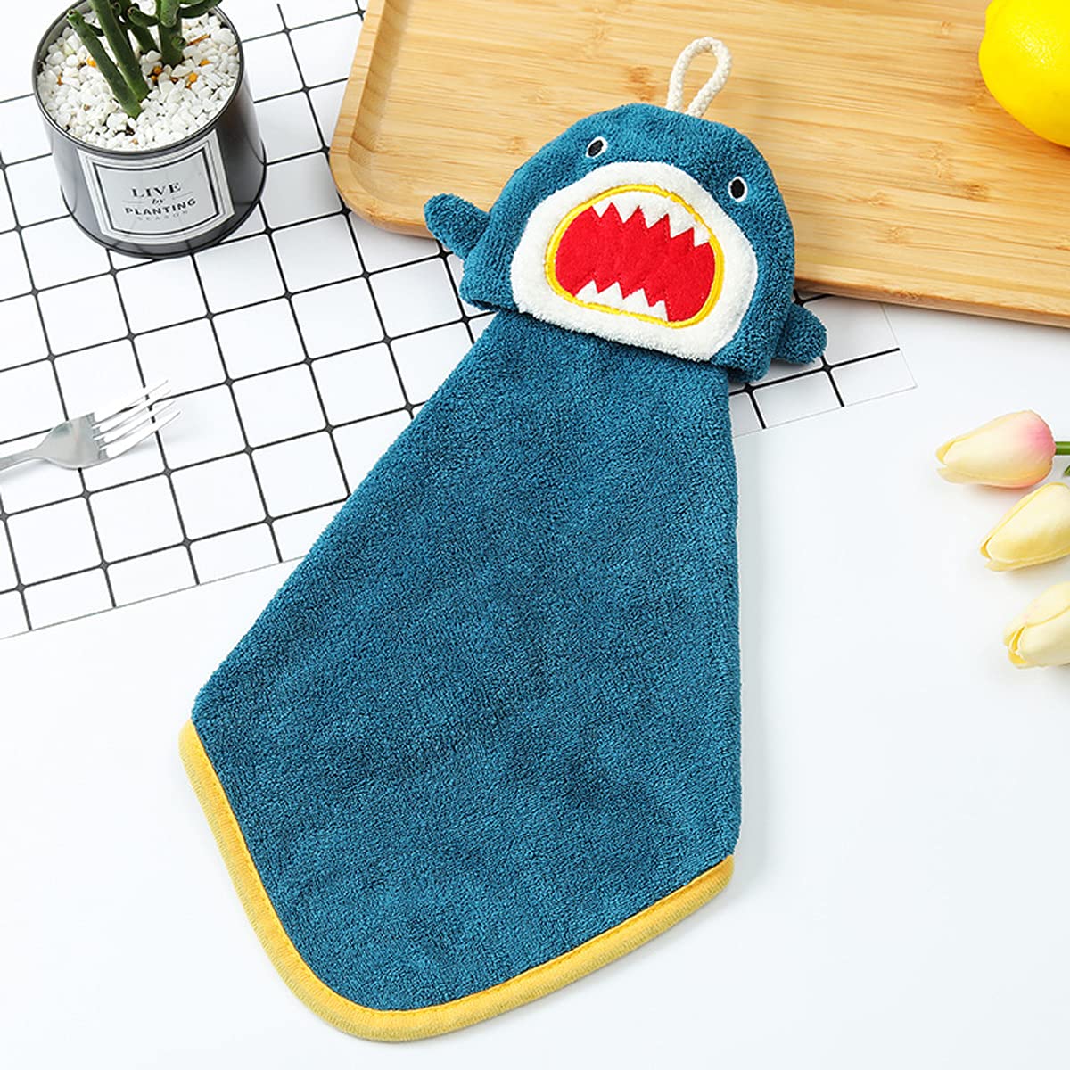 FOMAISELF 3Pcs Cartoon Shark Hand Towels with Hanging Loop, Soft Absorbent Kids Adults Towel, Cute Bathroom Kitchen Hand Towel Yellow Blue Grey