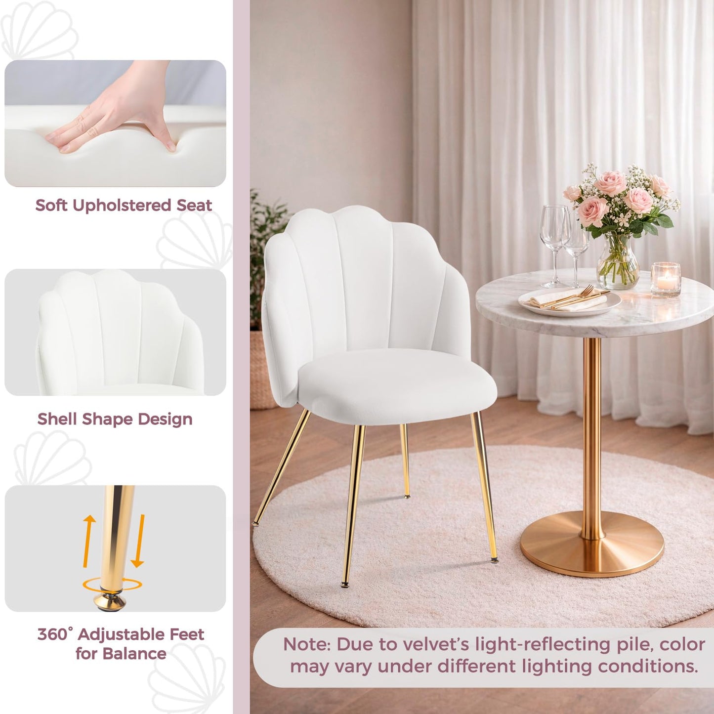 Eufurnibi Velvet Shell Chair with Gold Legs, Vanity Chair for Bedroom Dressing Table, White Upholstered Accent Chair for Living Room