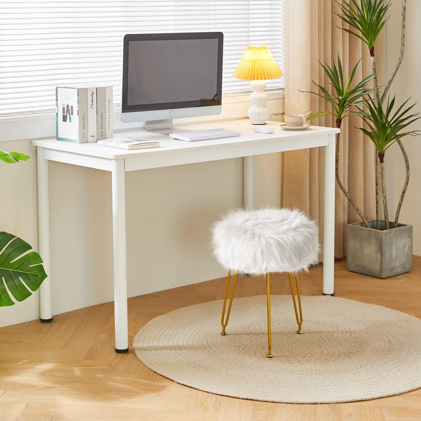 IBUYKE Faux Fur Vanity Chair, Furry Makeup Stool Ottoman, White L/G-32W