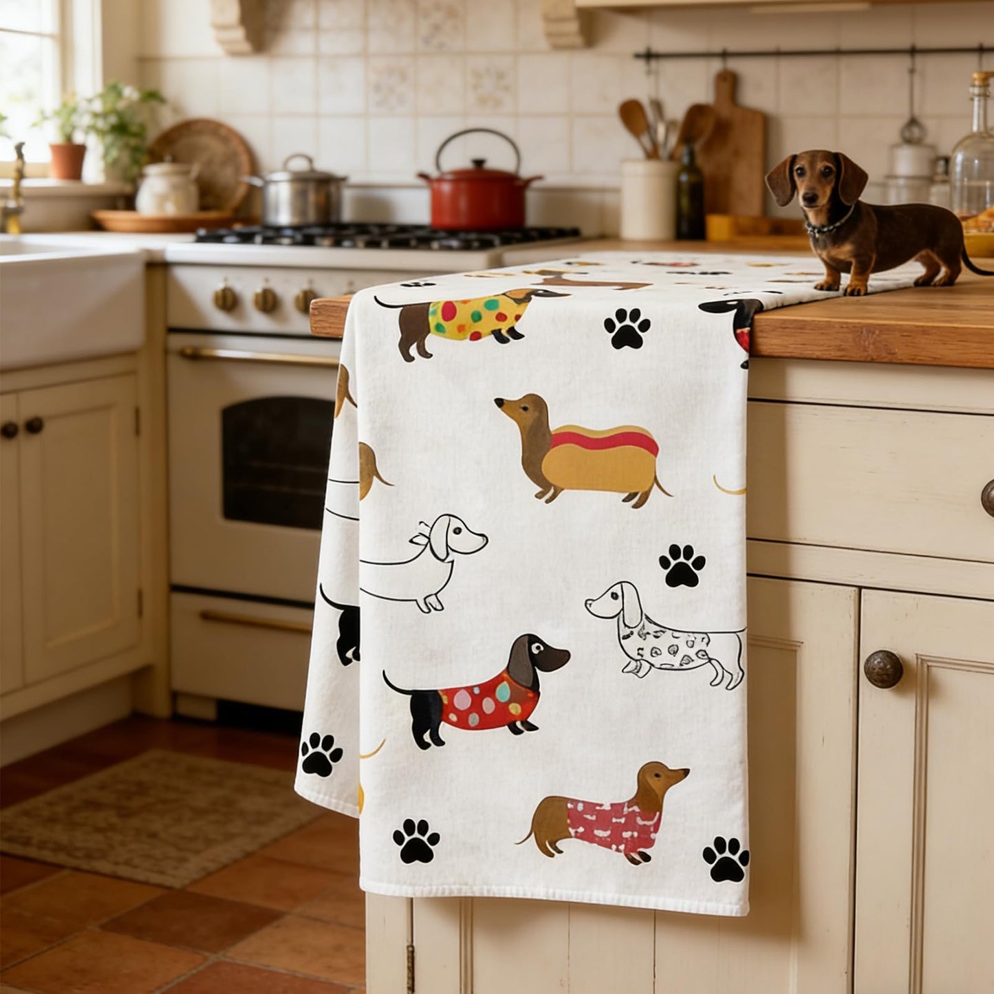4 Pack sausage dog gifts and Dachshund Gifts Tea Towels sausage dog gifts for Kitchen Featuring Cute Sausage Dog Patterns -Dog Towels Made of Super
