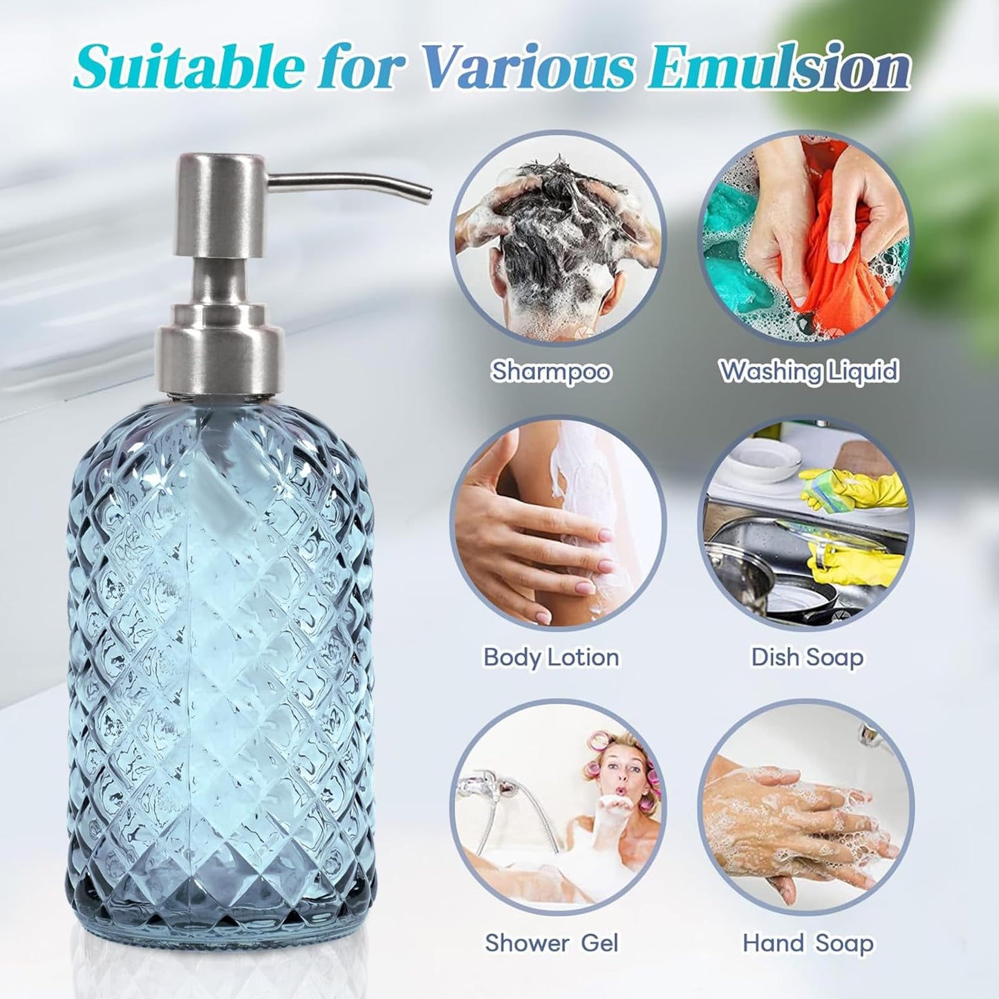 BAOWUABJ Glass Soap Dispenser with Stainless Steel Pump, 400ml, Blue