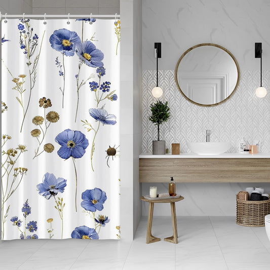 ASDCXZ Flowers Shower Curtain 120 x 180 cm, Spring Watercolour Blue Flowers Plants White Bathroom Washable Narrow Shower Curtains Polyester Textile